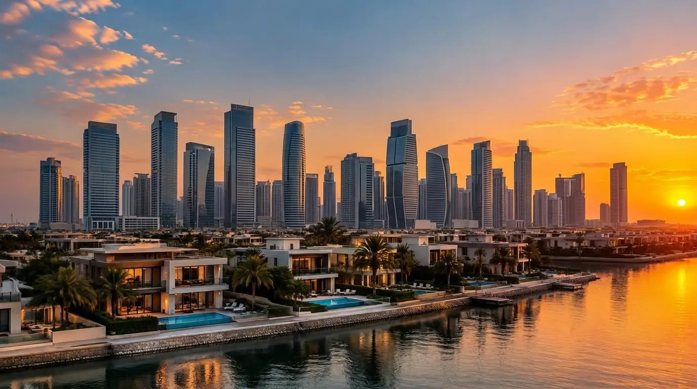 Modern UAE cityscape at sunset