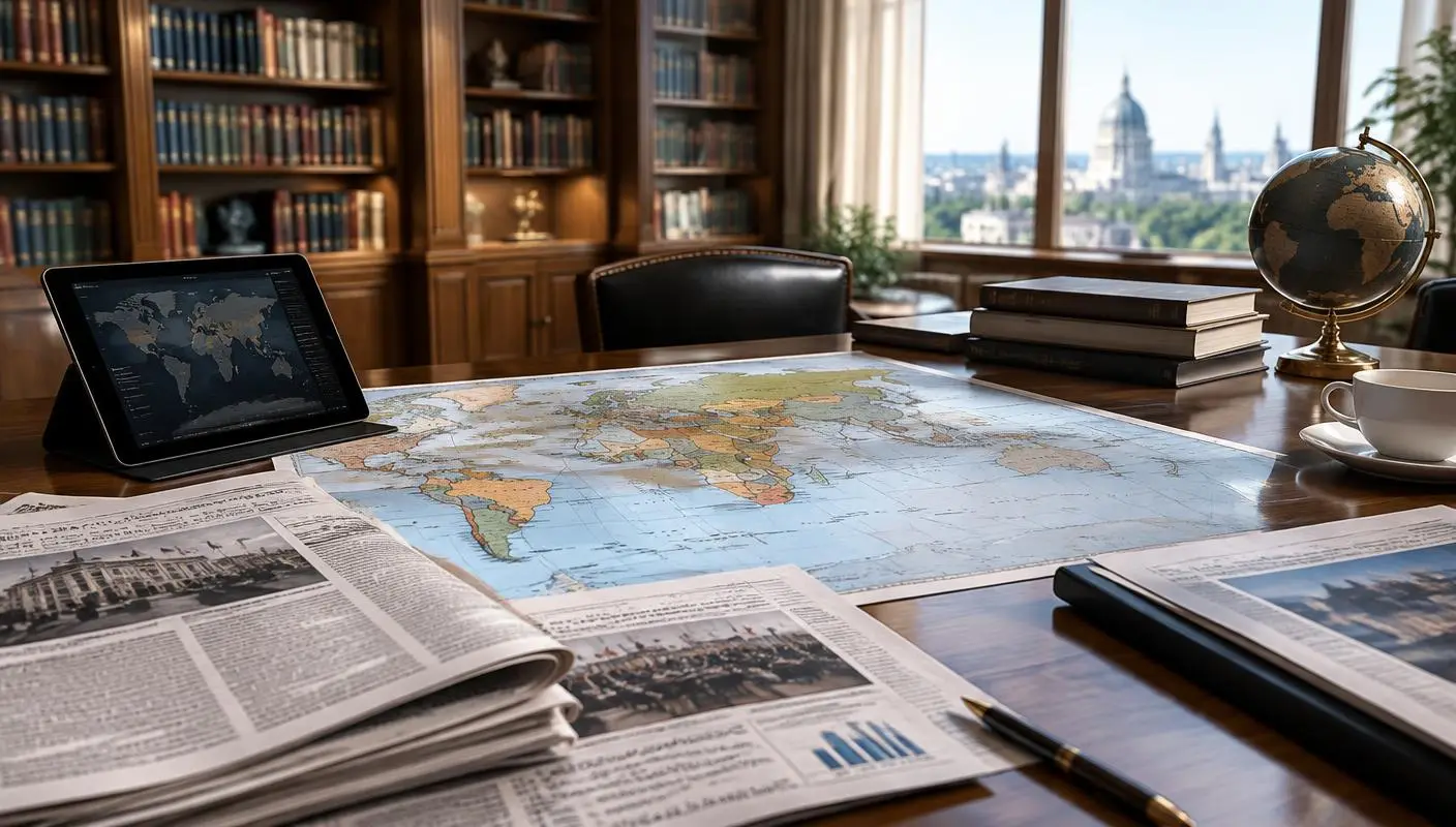 Research desk with maps and papers