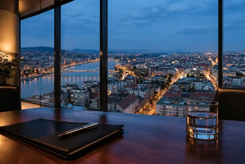 Office overlooking a European river at dusk