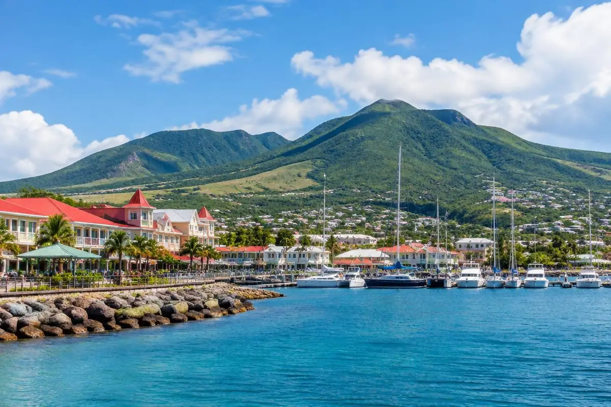 Green Caribbean coastline in St Kitts and Nevis