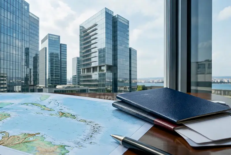 Policy desk overlooking an institutional district