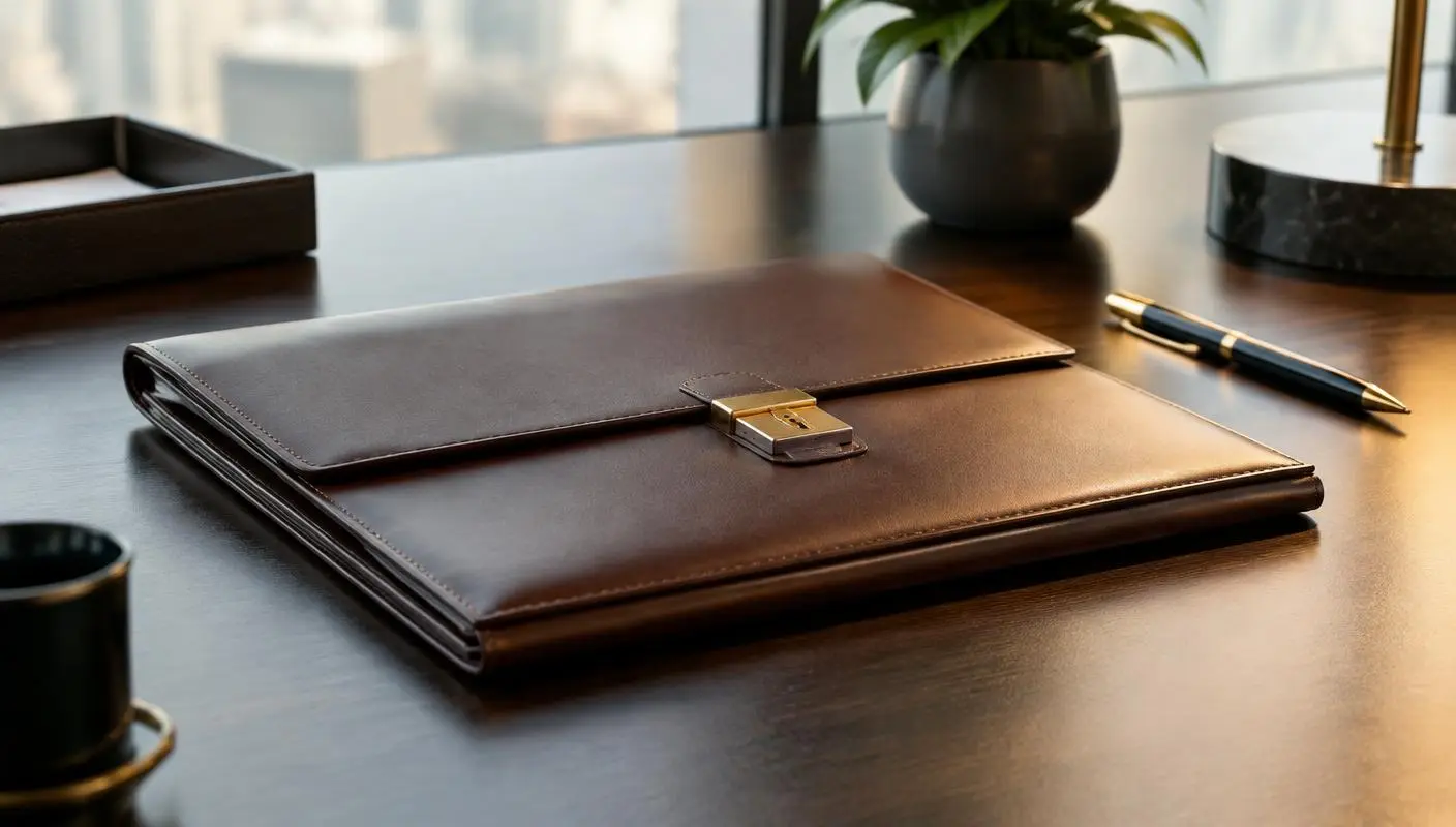 Closed document folder on a private desk