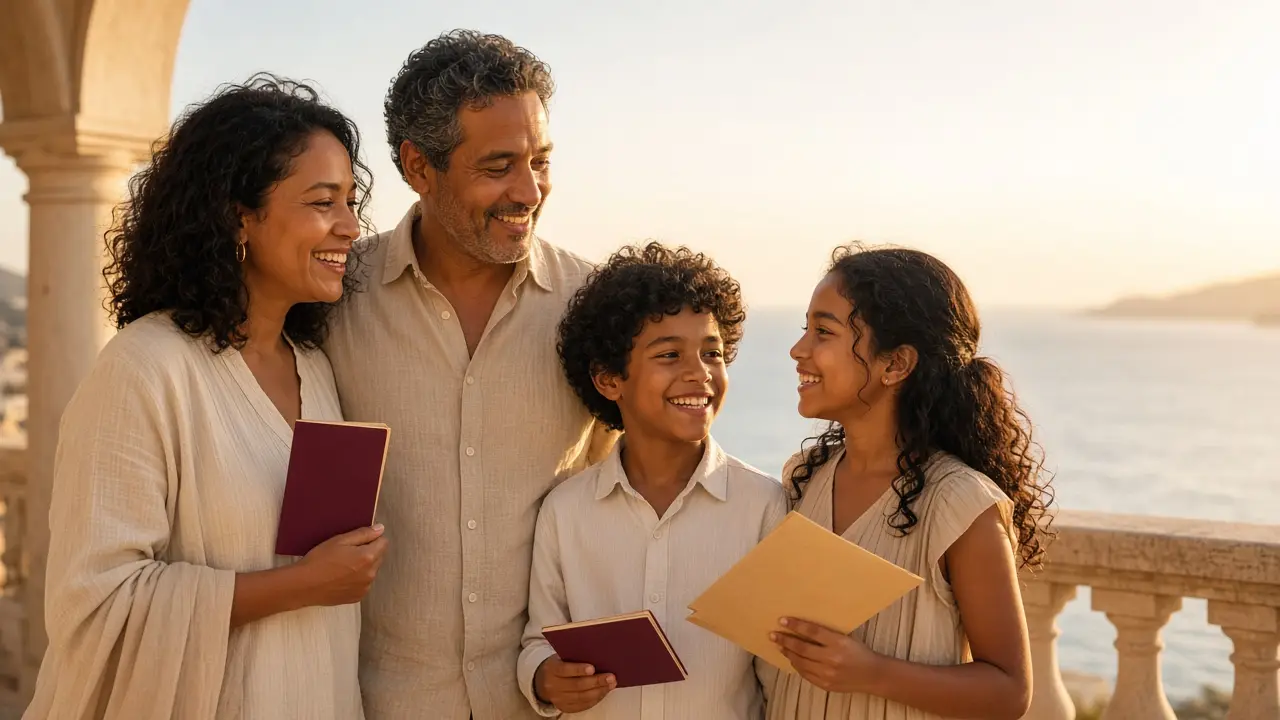 A family together at golden hour looking toward a new chapter of residence and citizenship