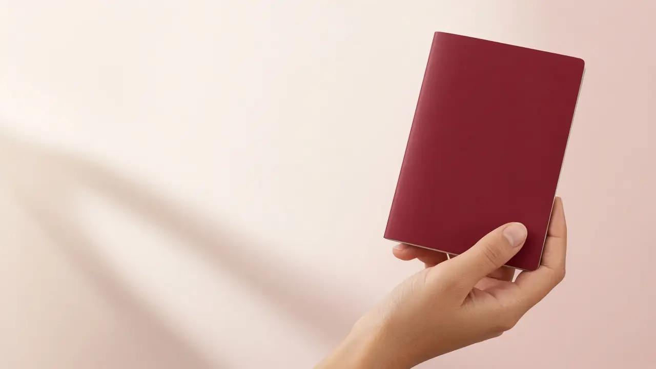 Hand holding a burgundy passport booklet